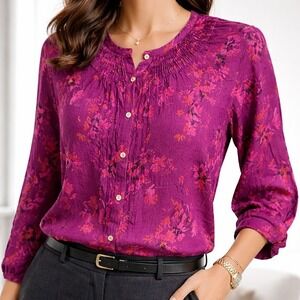 J. Jill Womens Floral Pintuck Blouse Purple Rayon Button Down 3/4 Sleeve XL